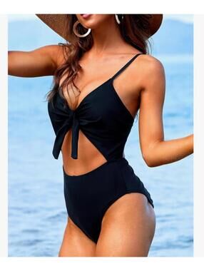black cut-out monokini swimsuit front tie knot detai adjustable strap size large